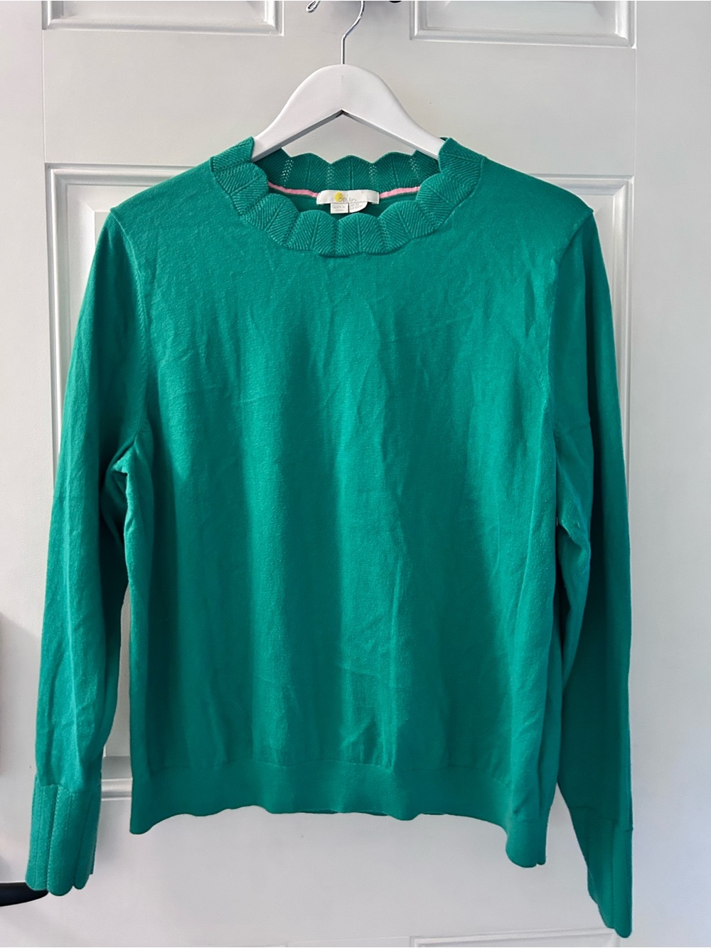 Boden Teal Scallop-Edge Crewneck Sweater